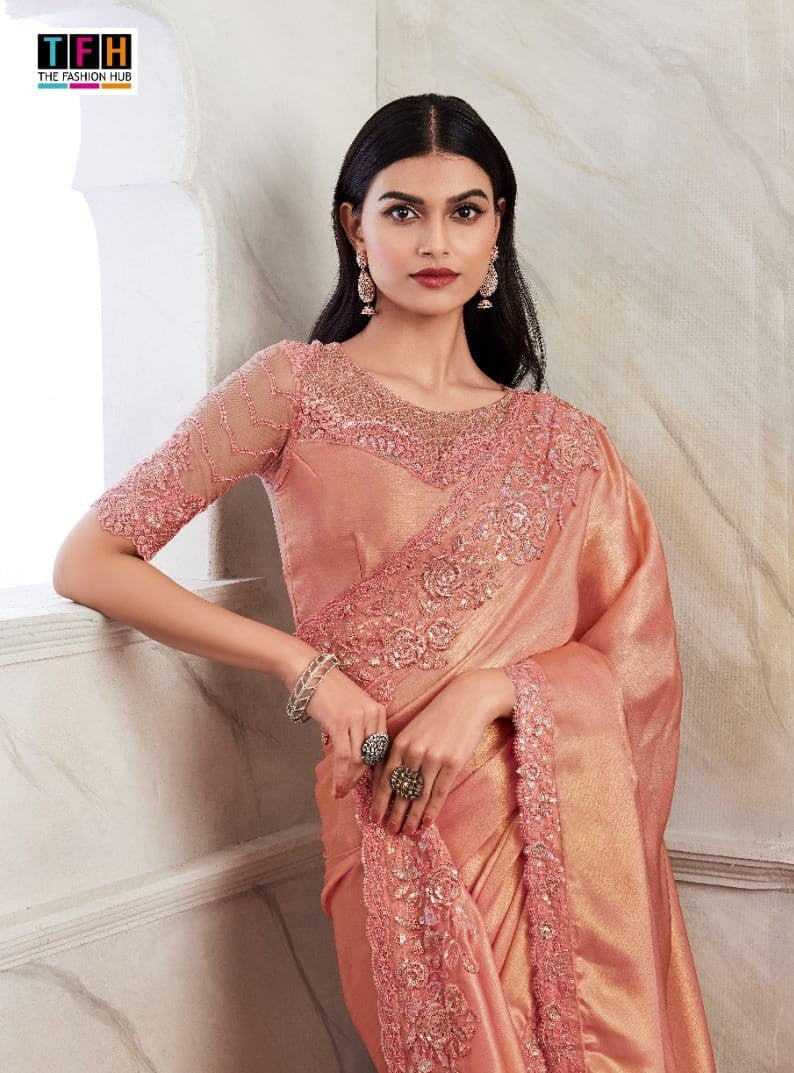 Golden Shimmer Peach Silk Saree | Designer Indian Sadi for Special Occasions