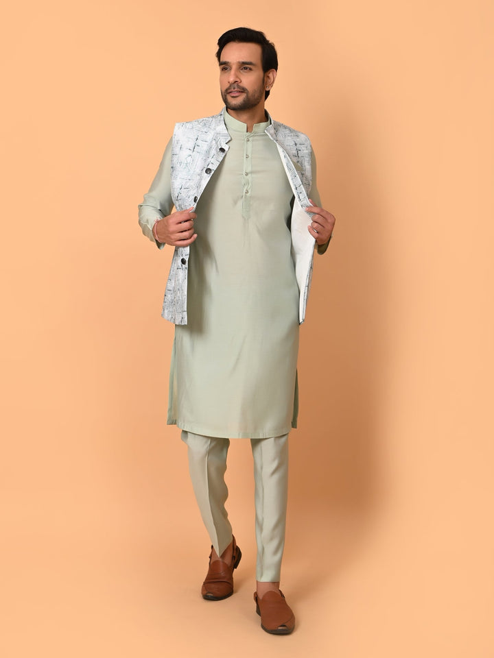 Textured Pista Jacket Kurta Set | Festive Stand Collar Poly Silk Design