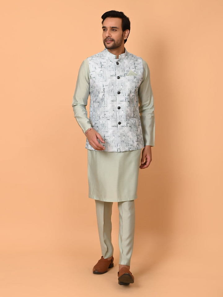 Textured Pista Jacket Kurta Set | Festive Stand Collar Poly Silk Design