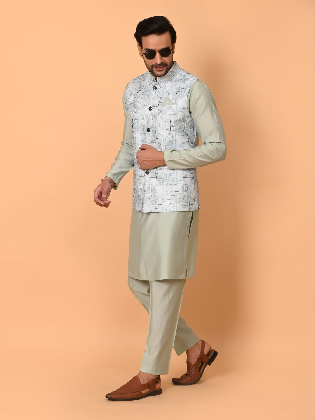 Textured Pista Jacket Kurta Set | Festive Stand Collar Poly Silk Design