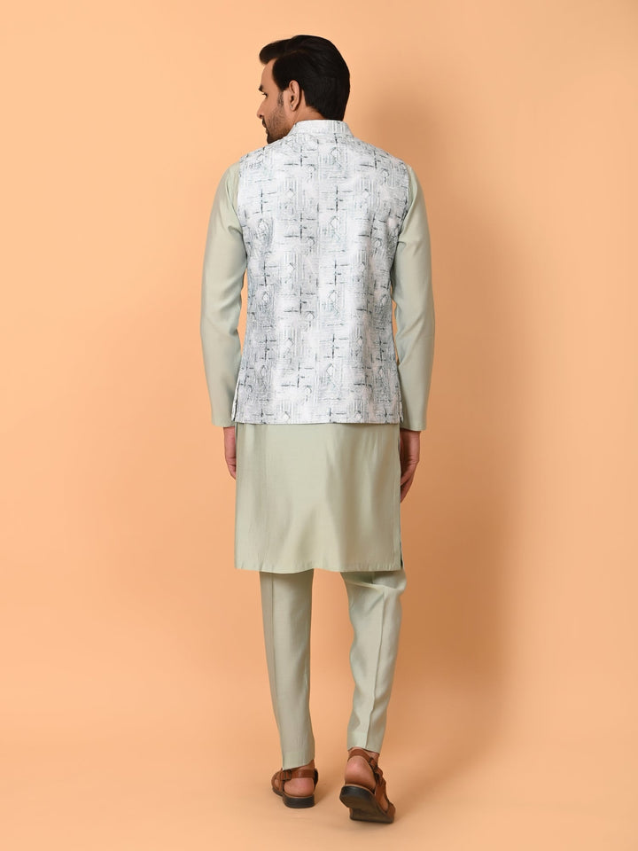 Textured Pista Jacket Kurta Set | Festive Stand Collar Poly Silk Design