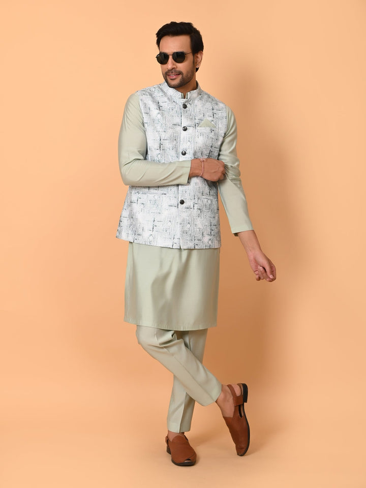 Textured Pista Jacket Kurta Set | Festive Stand Collar Poly Silk Design