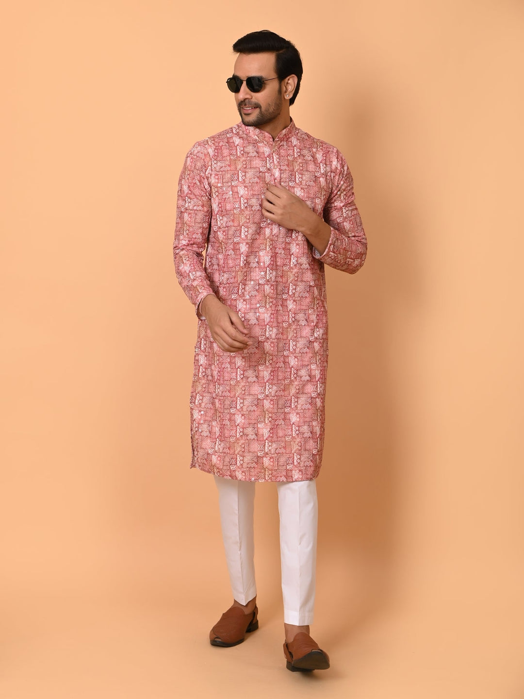 Sequence Printed Chikan Kurta Set | Festive Cotton Blend Full Sleeves