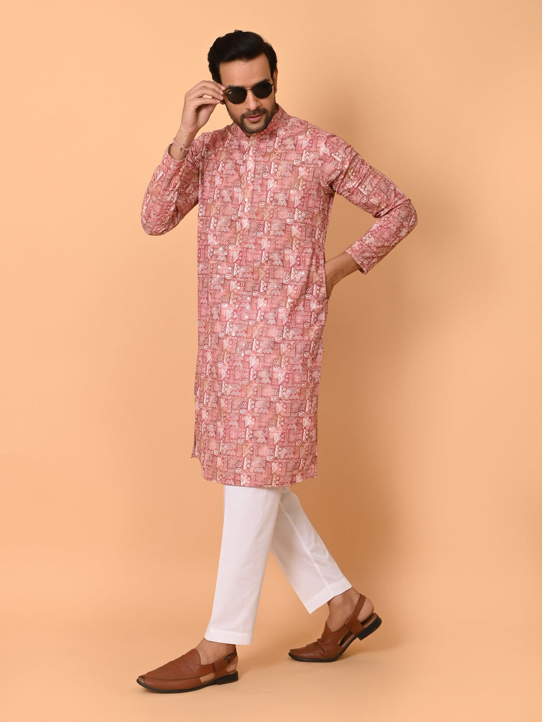 Sequence Printed Chikan Kurta Set | Festive Cotton Blend Full Sleeves