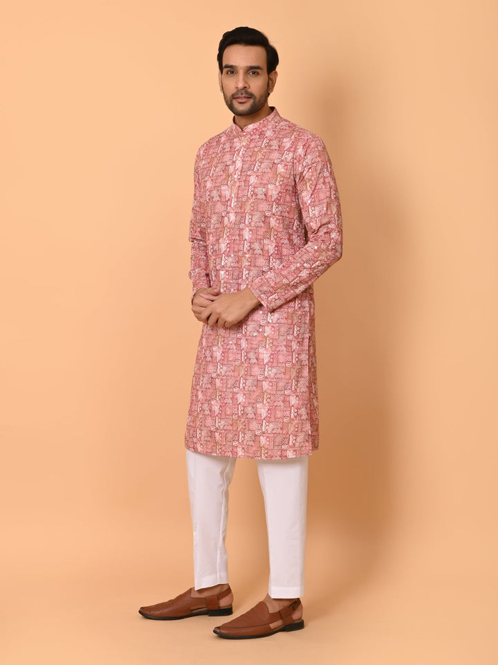 Sequence Printed Chikan Kurta Set | Festive Cotton Blend Full Sleeves