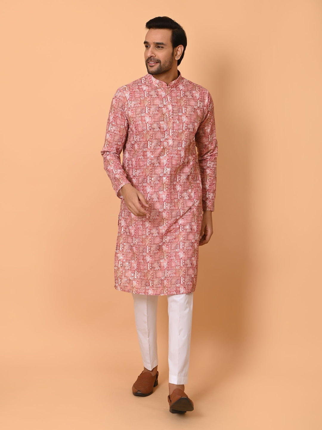 Sequence Printed Chikan Kurta Set | Festive Cotton Blend Full Sleeves