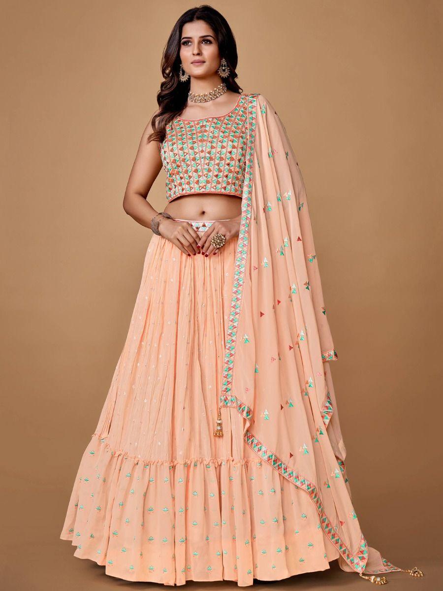 Peach georgette lehenga choli with sequins and thread embroidery design.