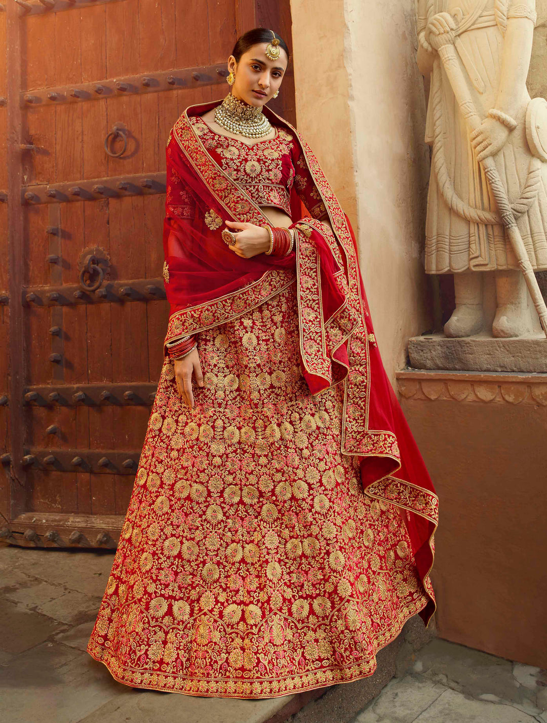 Bridal Red Lehenga | Pure Velvet Soft Net Zarkan Work