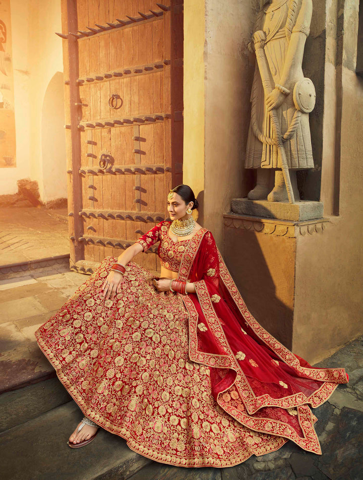 Bridal Red Lehenga | Pure Velvet Soft Net Zarkan Work