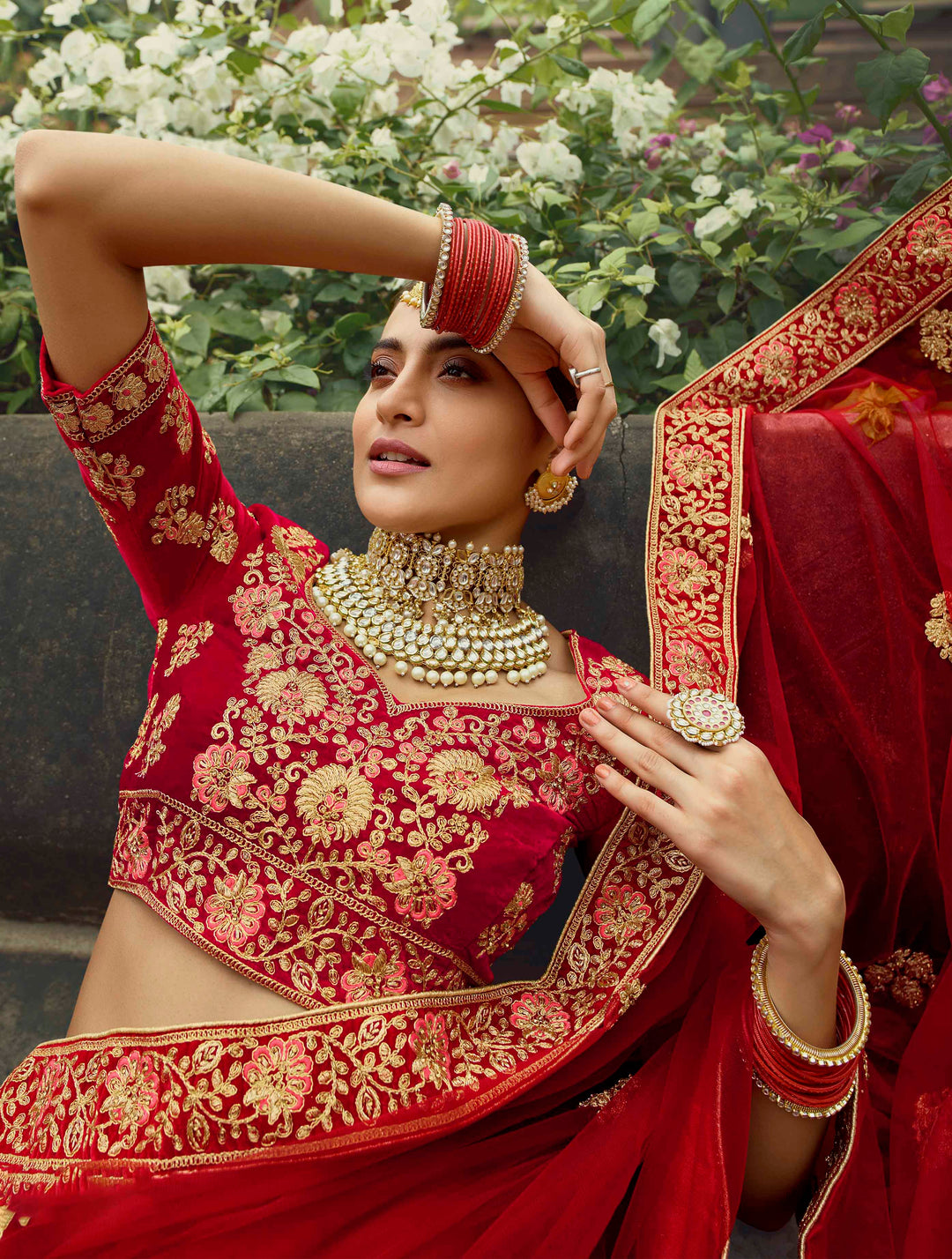 Bridal Red Lehenga | Pure Velvet Soft Net Zarkan Work