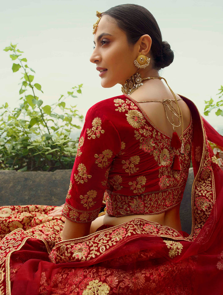 Bridal Red Lehenga | Pure Velvet Soft Net Zarkan Work