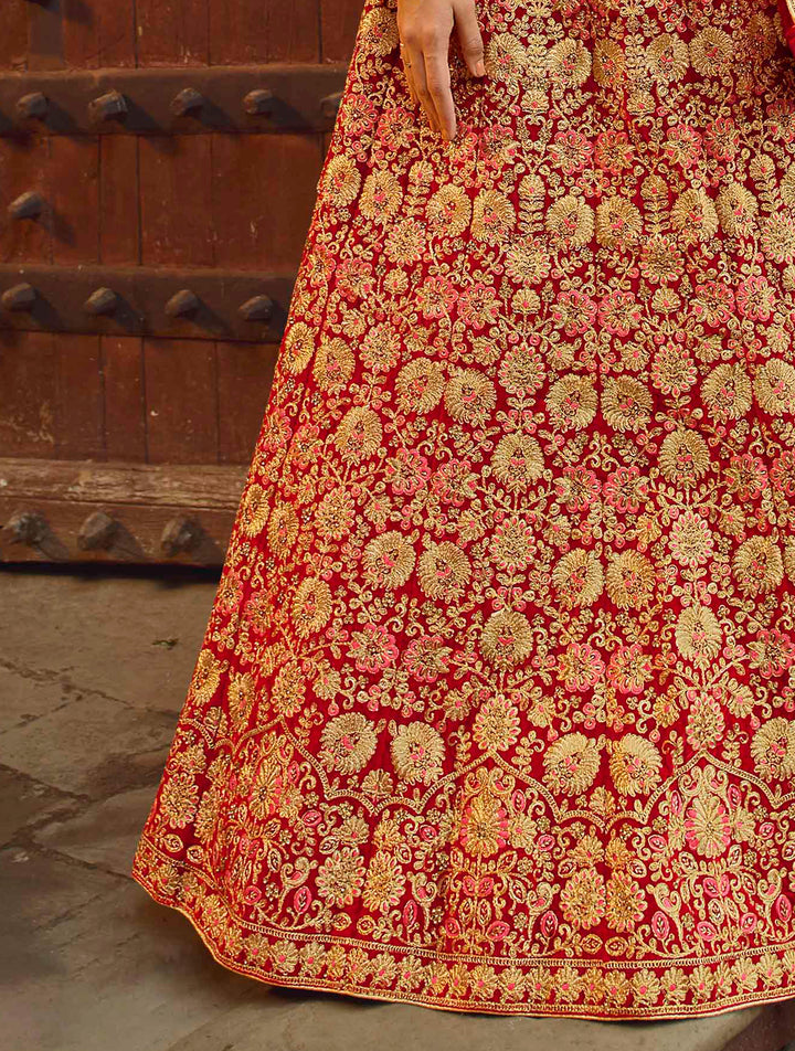 Bridal Red Lehenga | Pure Velvet Soft Net Zarkan Work