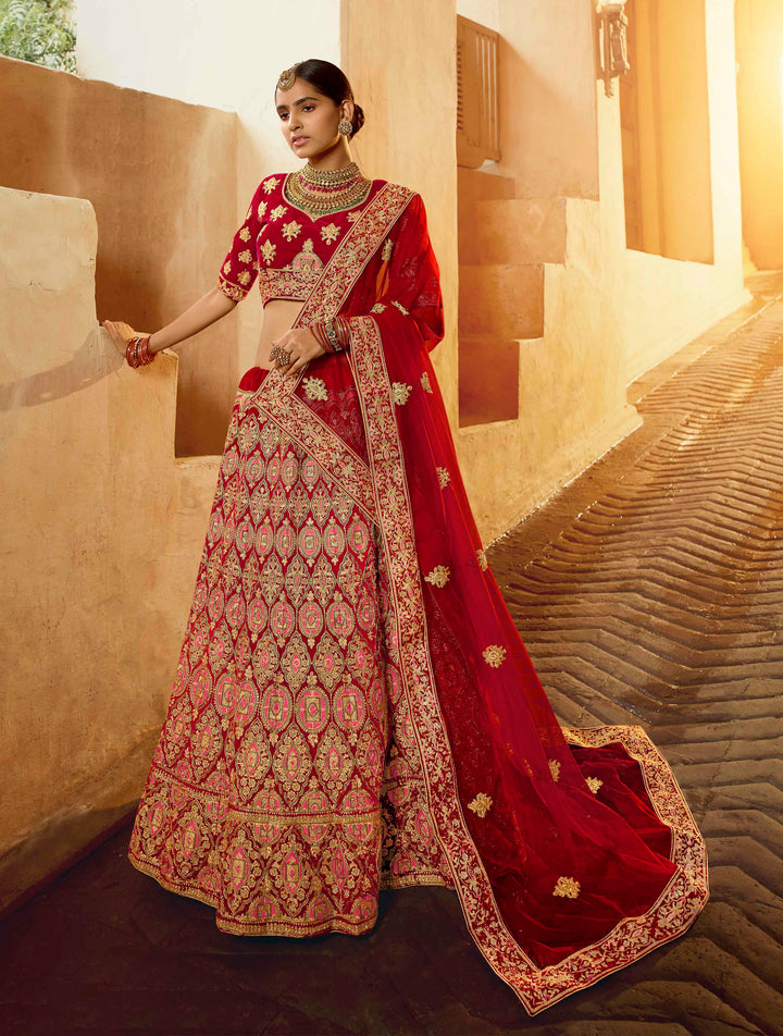 Red Pure Velvet Bridal Lehenga | Traditional Indian Lehenga Choli Set