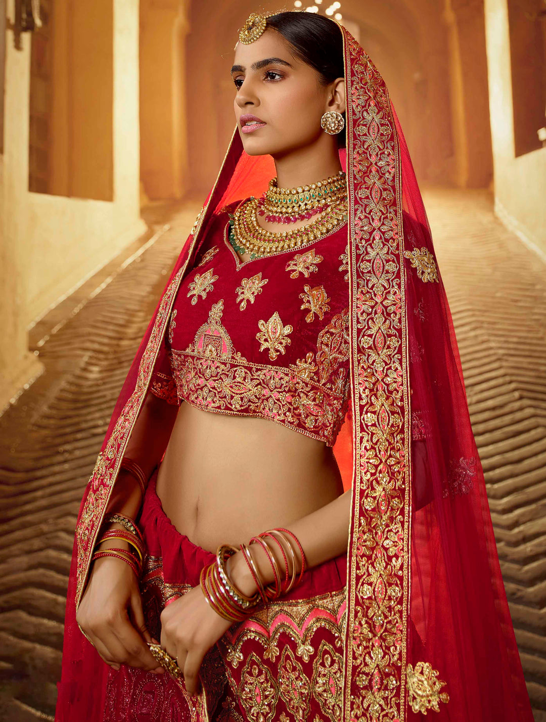 Red Pure Velvet Bridal Lehenga | Traditional Indian Lehenga Choli Set