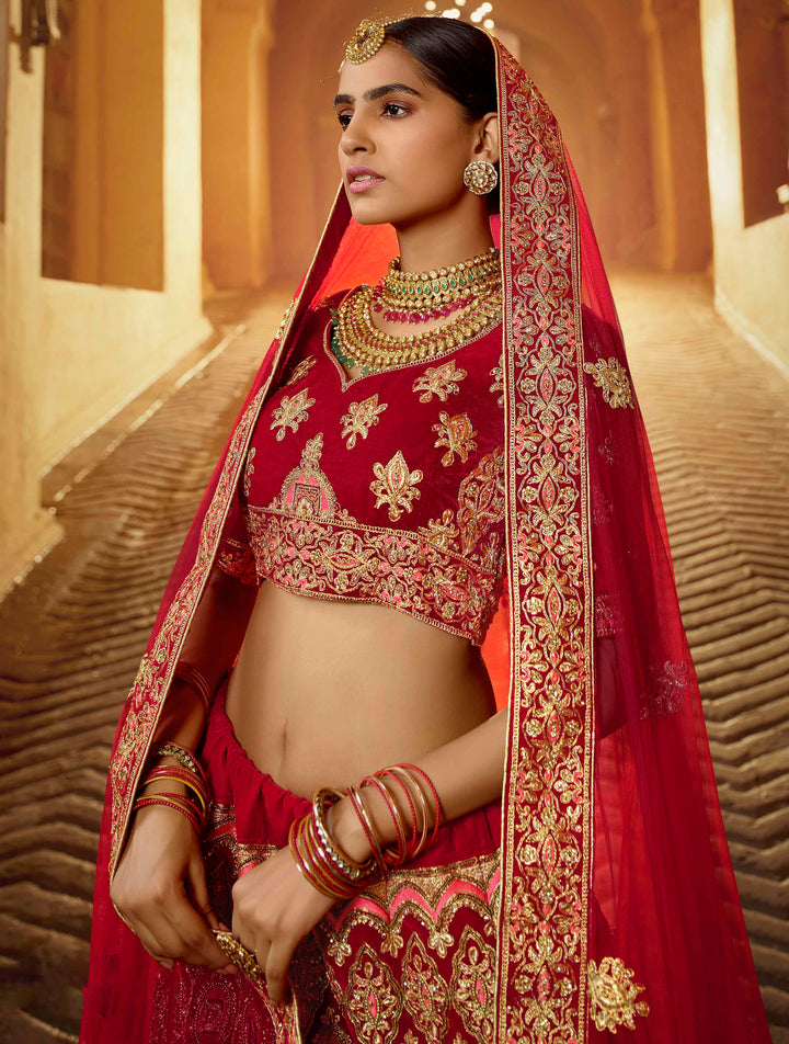 Red Pure Velvet Bridal Lehenga | Traditional Indian Lehenga Choli Set