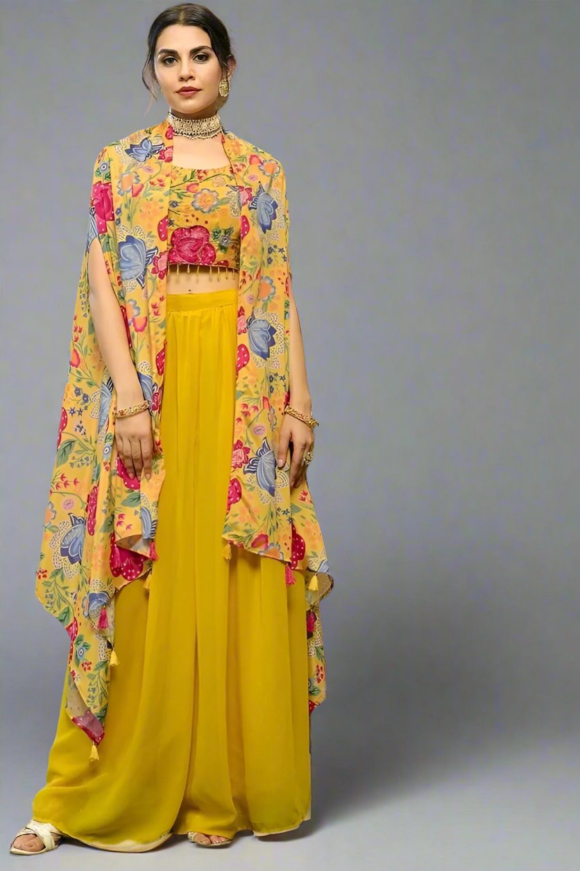 Stylish yellow georgette tunic and palazzo set, perfect for any occasion with its vibrant color and elegant design.