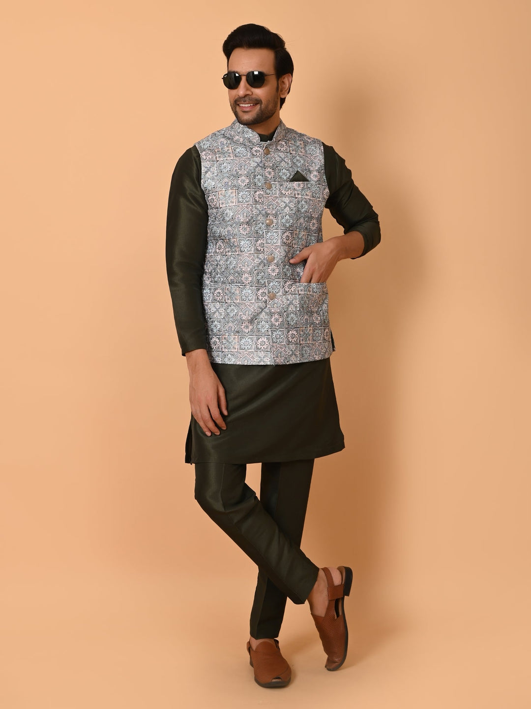 Ethnic Motifs Jacket Kurta Set | Festive Poly Silk Stand Collar Design