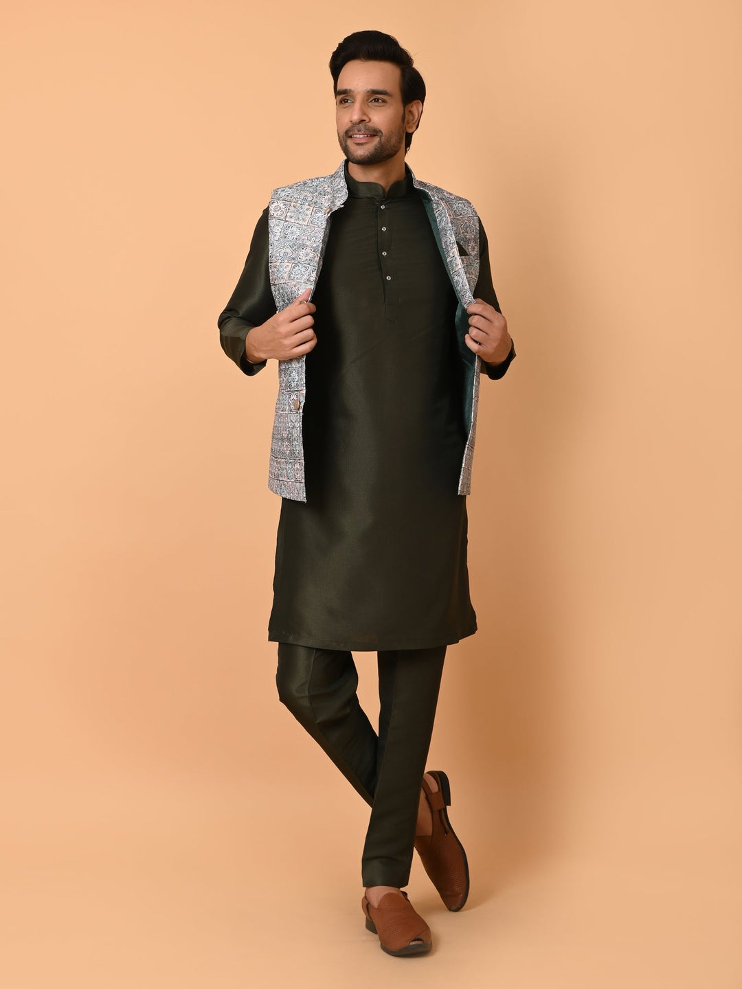 Ethnic Motifs Jacket Kurta Set | Festive Poly Silk Stand Collar Design