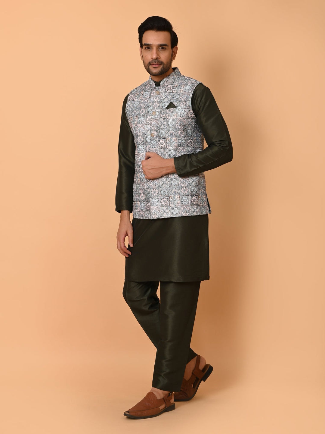 Ethnic Motifs Jacket Kurta Set | Festive Poly Silk Stand Collar Design