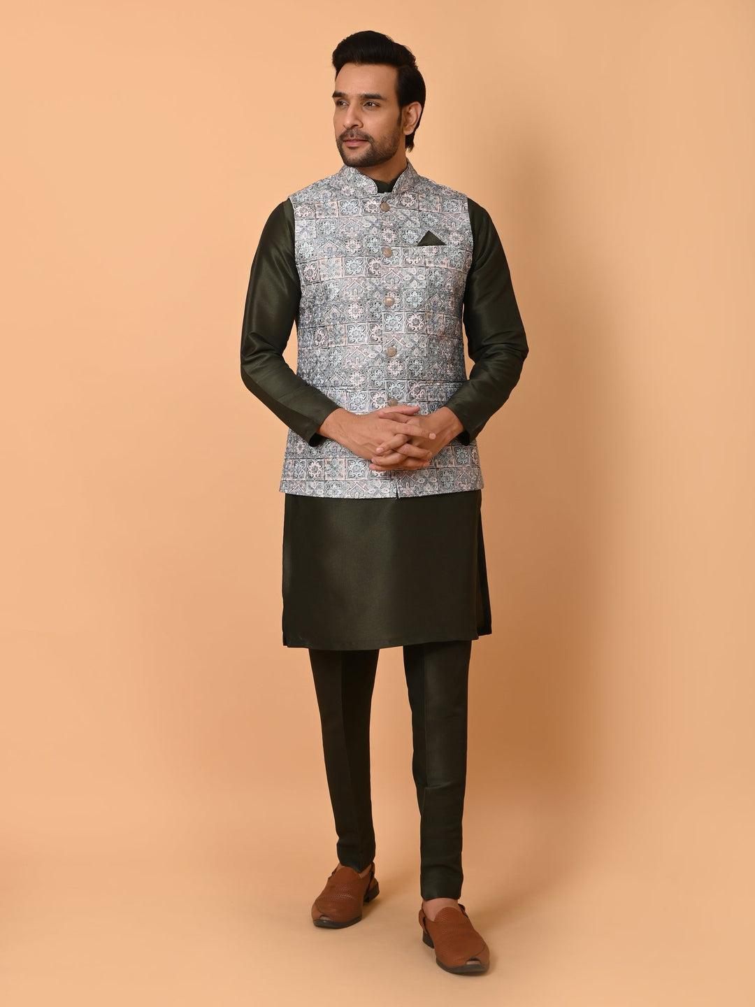 Ethnic Motifs Jacket Kurta Set | Festive Poly Silk Stand Collar Design