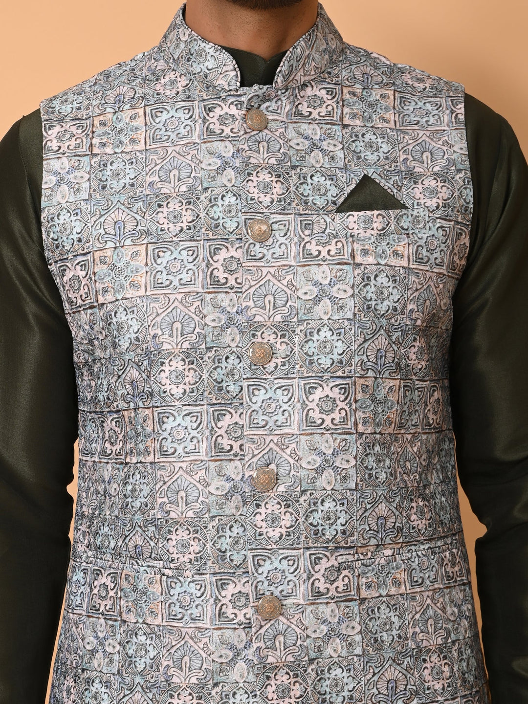 Ethnic Motifs Jacket Kurta Set | Festive Poly Silk Stand Collar Design