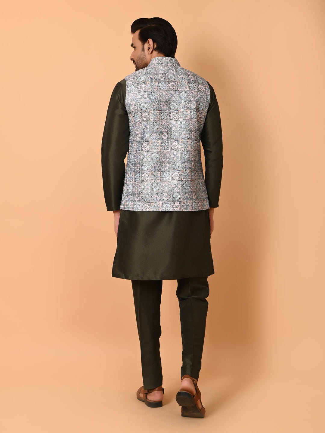 Ethnic Motifs Jacket Kurta Set | Festive Poly Silk Stand Collar Design