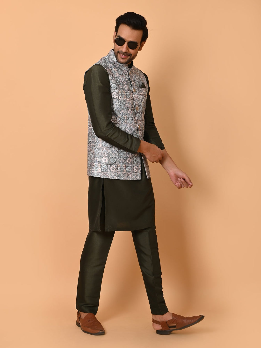 Ethnic Motifs Jacket Kurta Set | Festive Poly Silk Stand Collar Design