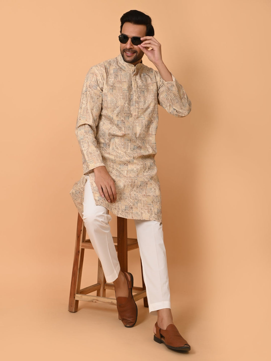 Printed Chikan Beige Kurta Set | Festive Cotton Blend Stand Collar Kurta