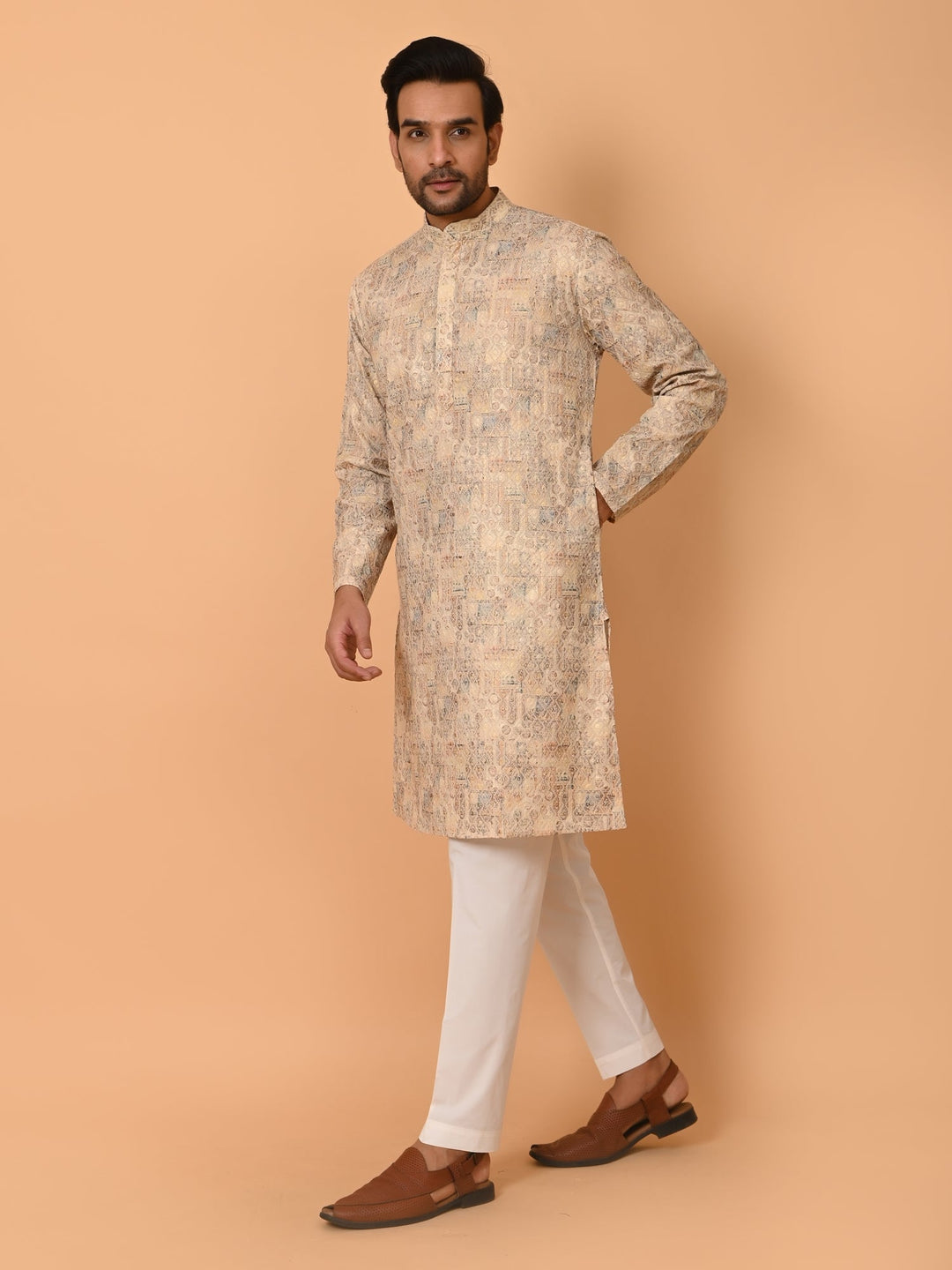 Printed Chikan Beige Kurta Set | Festive Cotton Blend Stand Collar Kurta