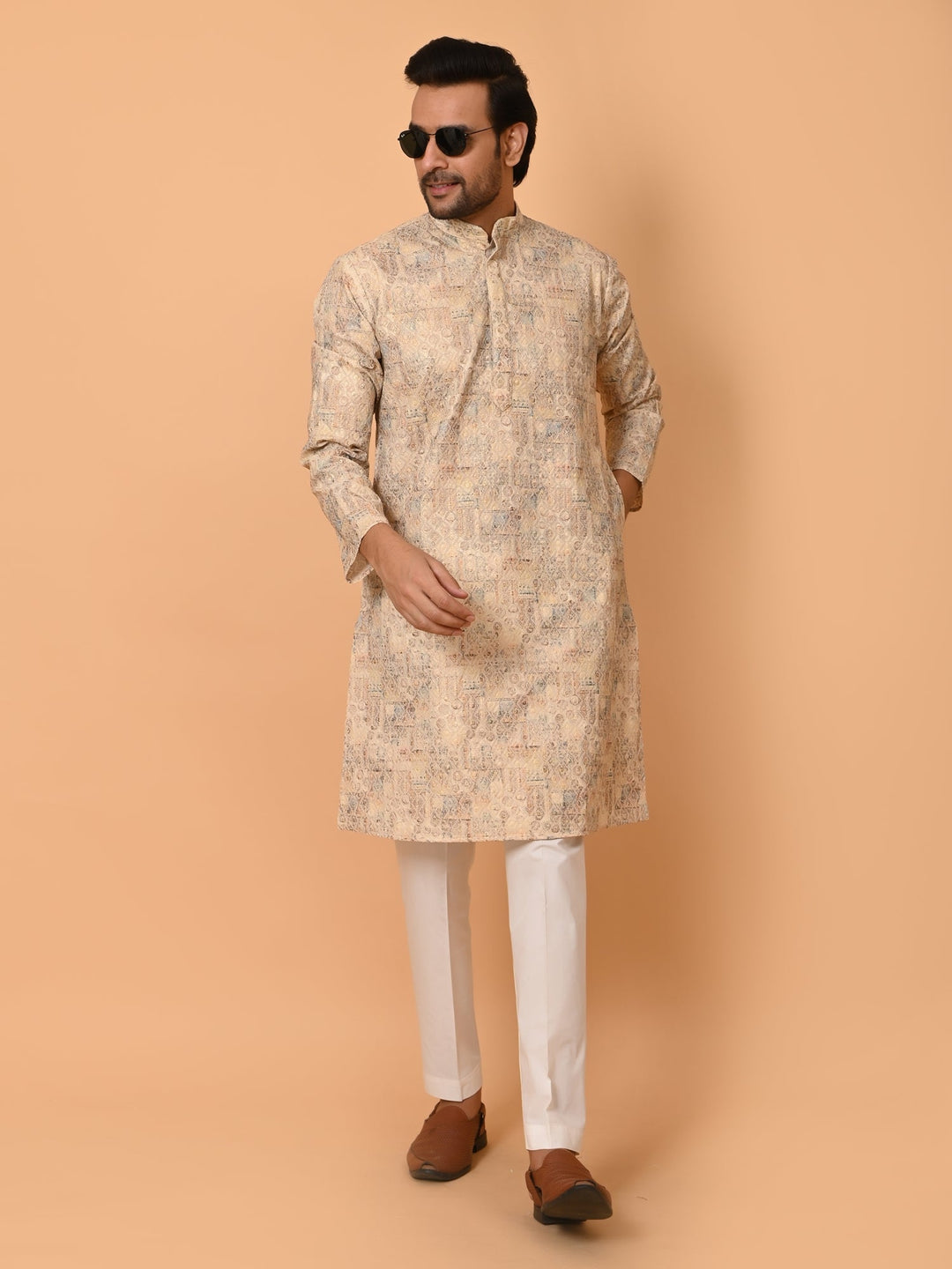 Printed Chikan Beige Kurta Set | Festive Cotton Blend Stand Collar Kurta