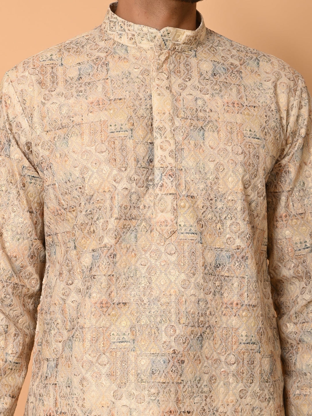 Printed Chikan Beige Kurta Set | Festive Cotton Blend Stand Collar Kurta