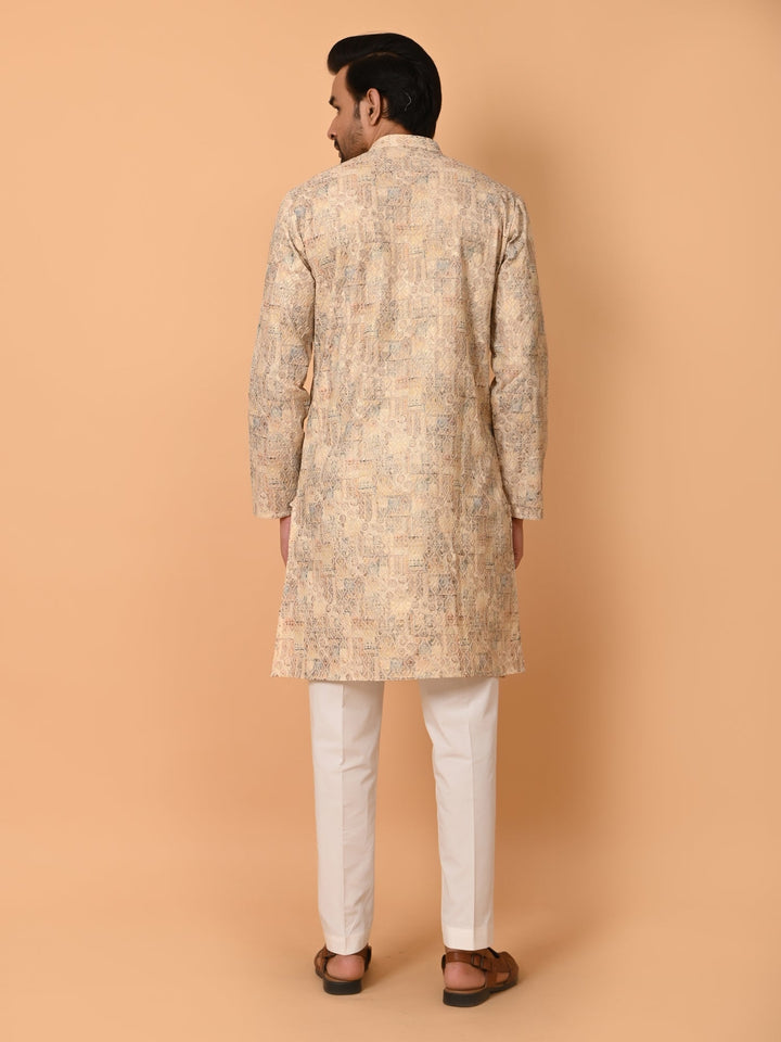 Printed Chikan Beige Kurta Set | Festive Cotton Blend Stand Collar Kurta