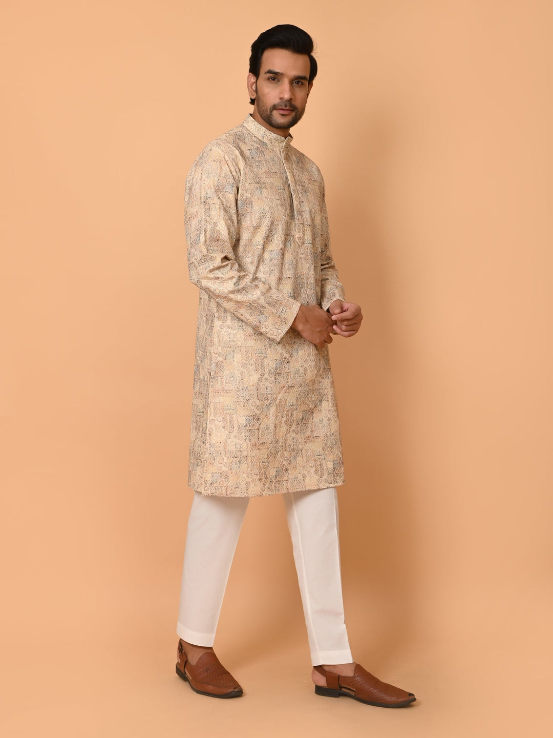 Printed Chikan Beige Kurta Set | Festive Cotton Blend Stand Collar Kurta