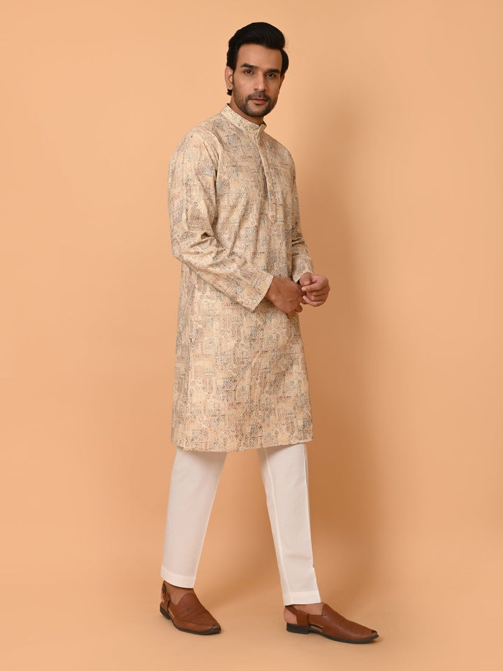 Printed Chikan Beige Kurta Set | Festive Cotton Blend Stand Collar Kurta