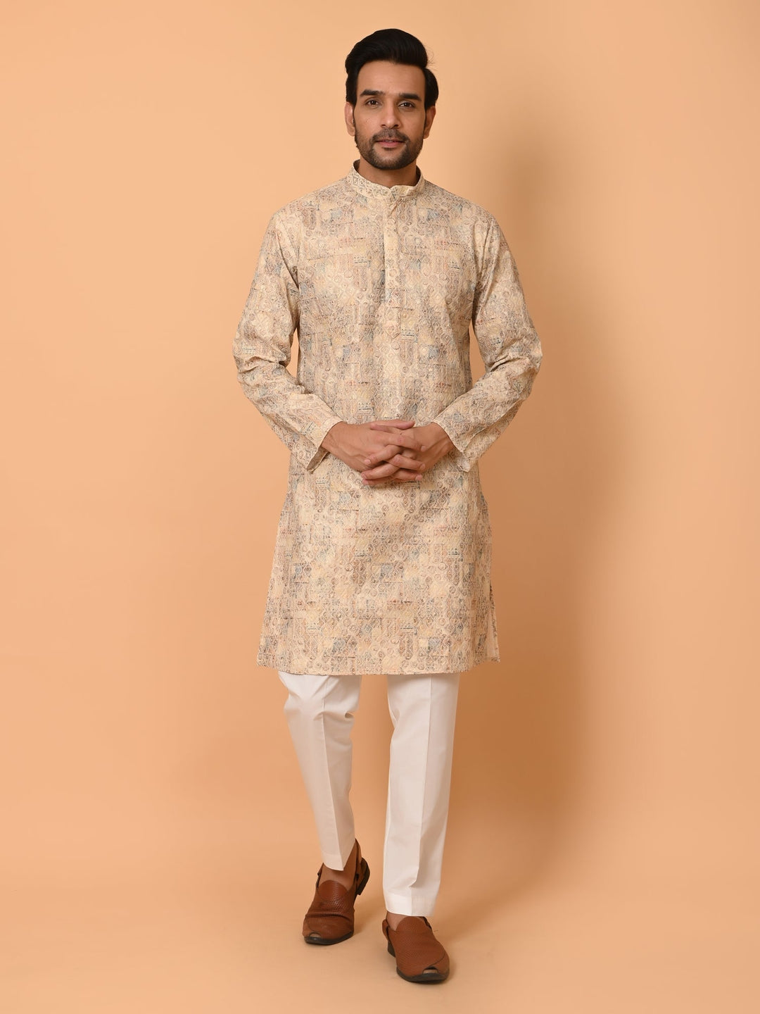 Printed Chikan Beige Kurta Set | Festive Cotton Blend Stand Collar Kurta