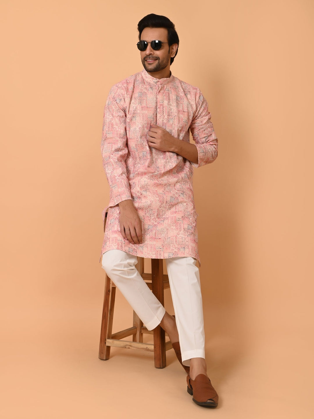 Printed Chikan Kurta Set | Cotton Blend Full Sleeve | Festive Wear