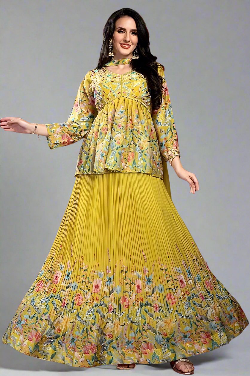 Yellow peplum with skirt lehenga set featuring a chic gotta work design, perfect for festive celebrations and parties.