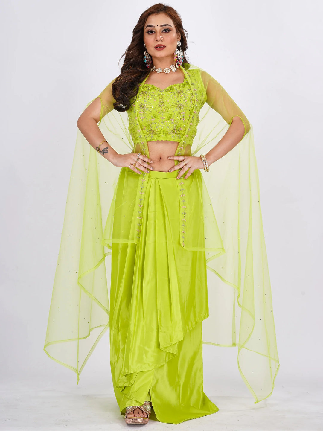 Chic green floral crop top skirt lehenga on soft Chinon fabric, perfect for a stylish co-ord set at casual gatherings.