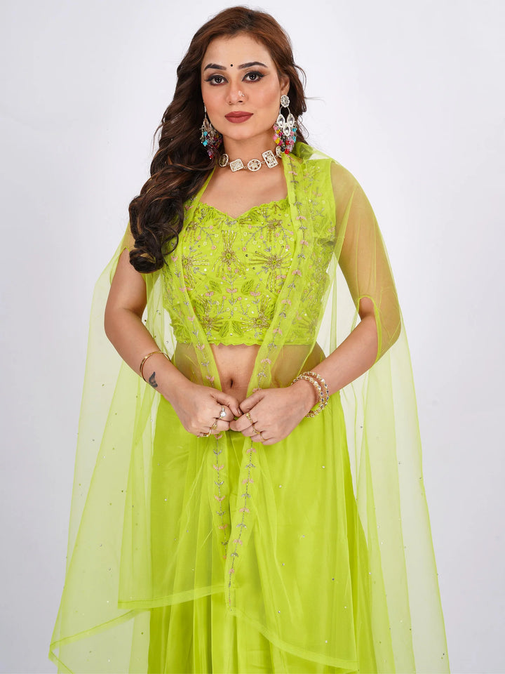 Beautiful green floral print crop top skirt lehenga on Chinon fabric, perfect for creating a trendy and chic ensemble.