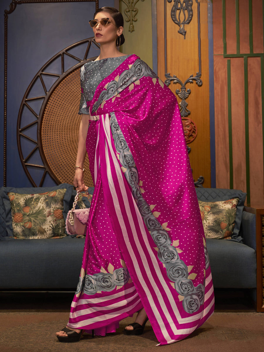 Pink satin saree crafted for elegance and style.