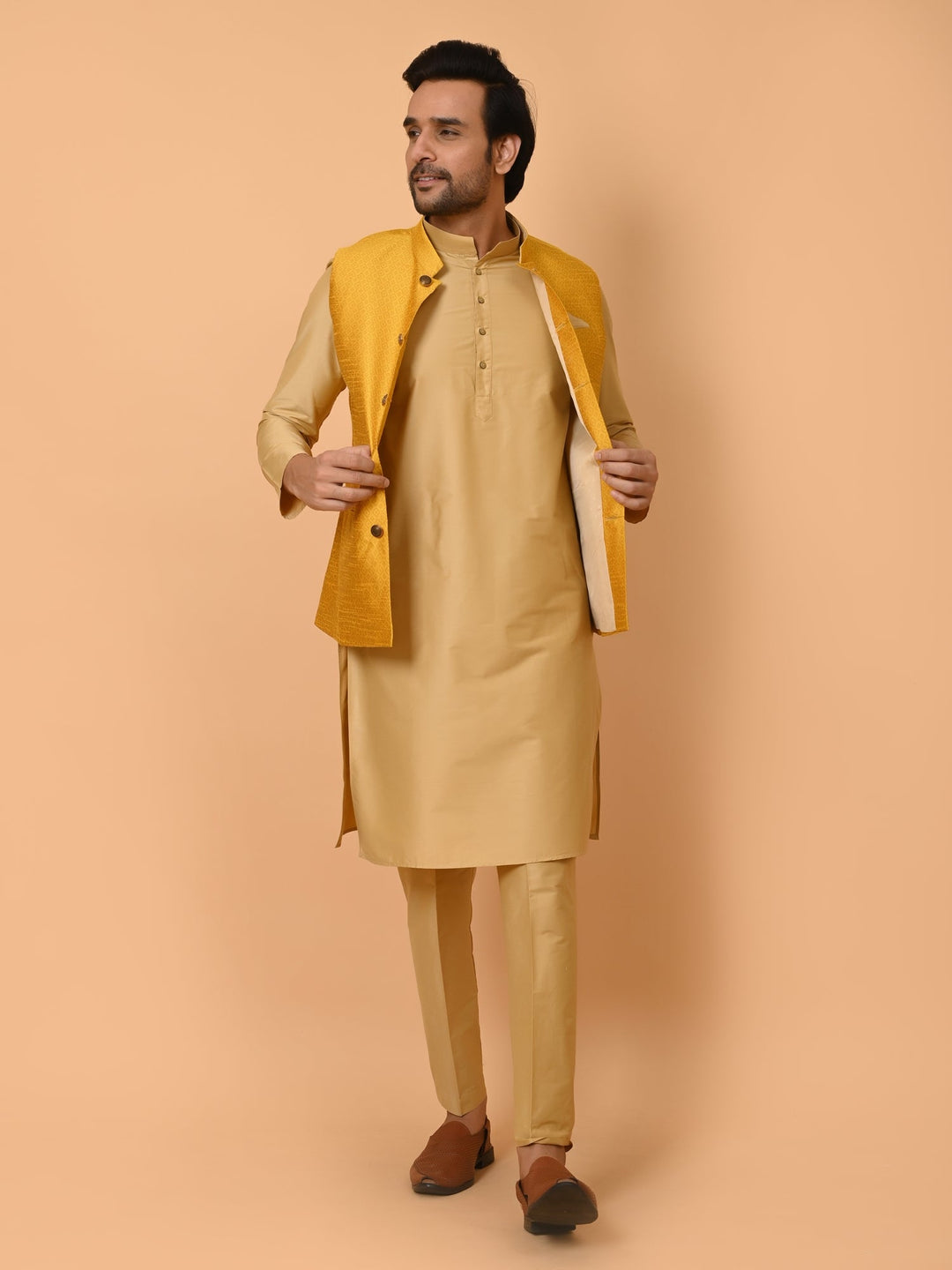 Geometric Mustard Jacket Kurta Set | Festive Poly Silk Ensemble