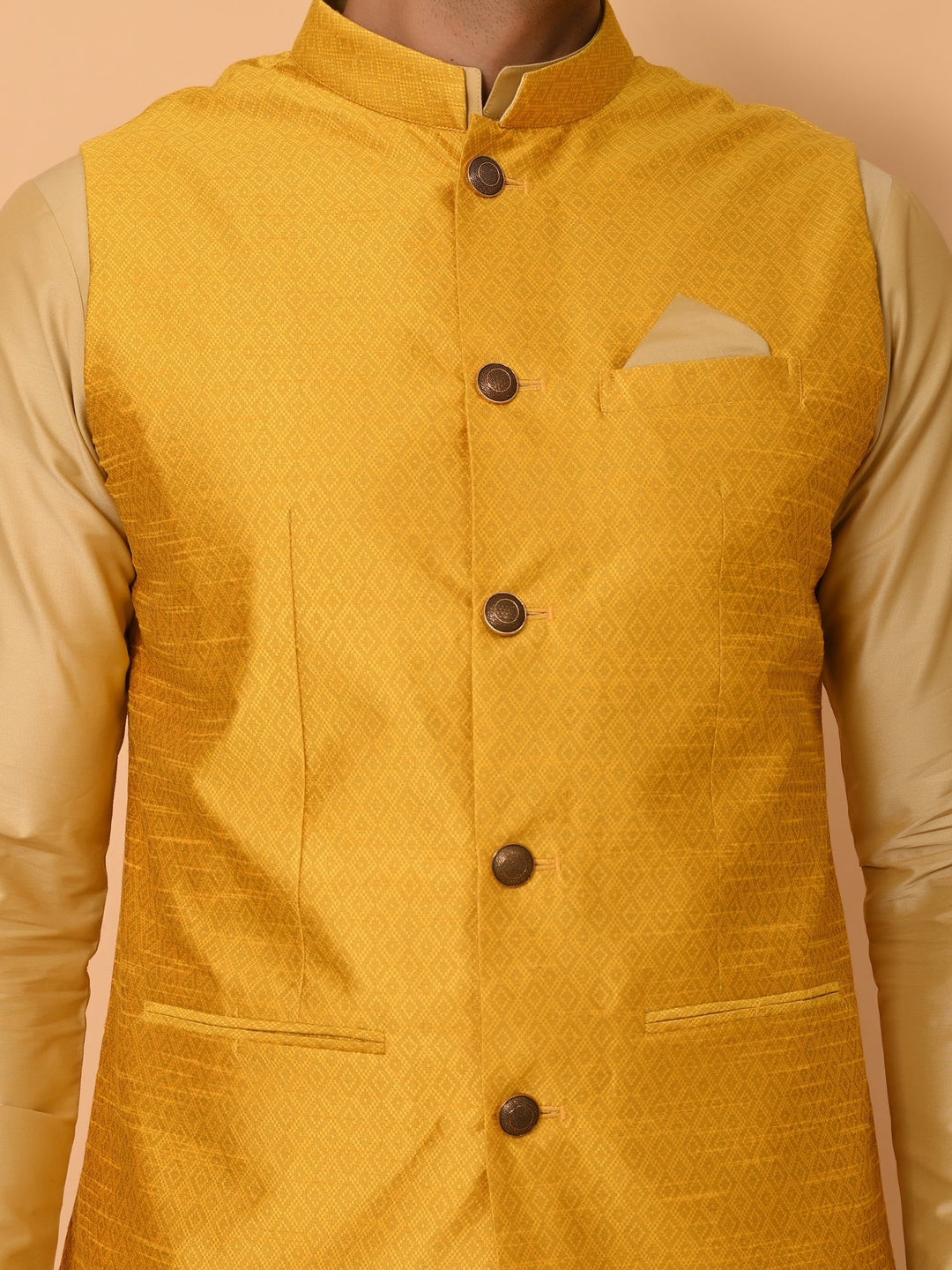 Geometric Mustard Jacket Kurta Set | Festive Poly Silk Ensemble