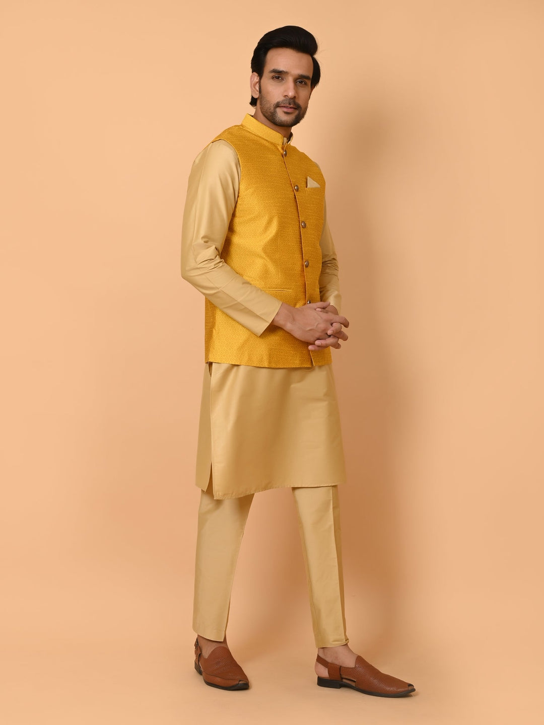 Geometric Mustard Jacket Kurta Set | Festive Poly Silk Ensemble