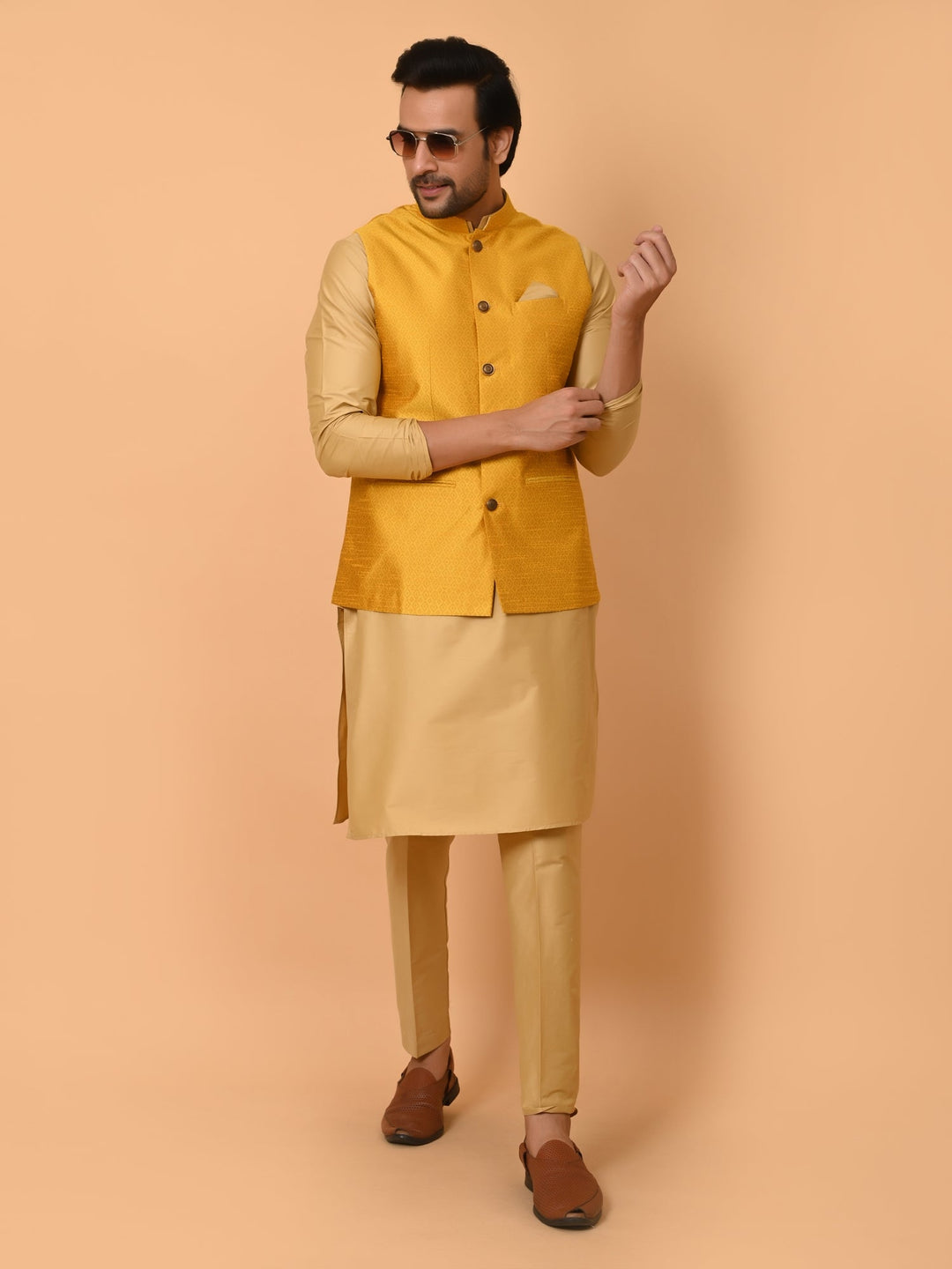 Geometric Mustard Jacket Kurta Set | Festive Poly Silk Ensemble