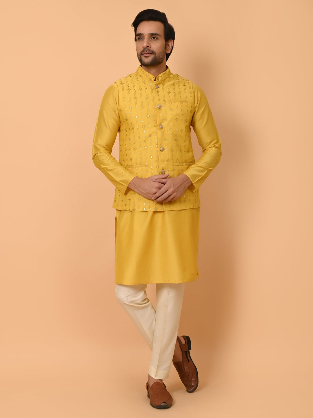 Sequence Striped Jacket Kurta Set | Festive Poly Silk Ensemble