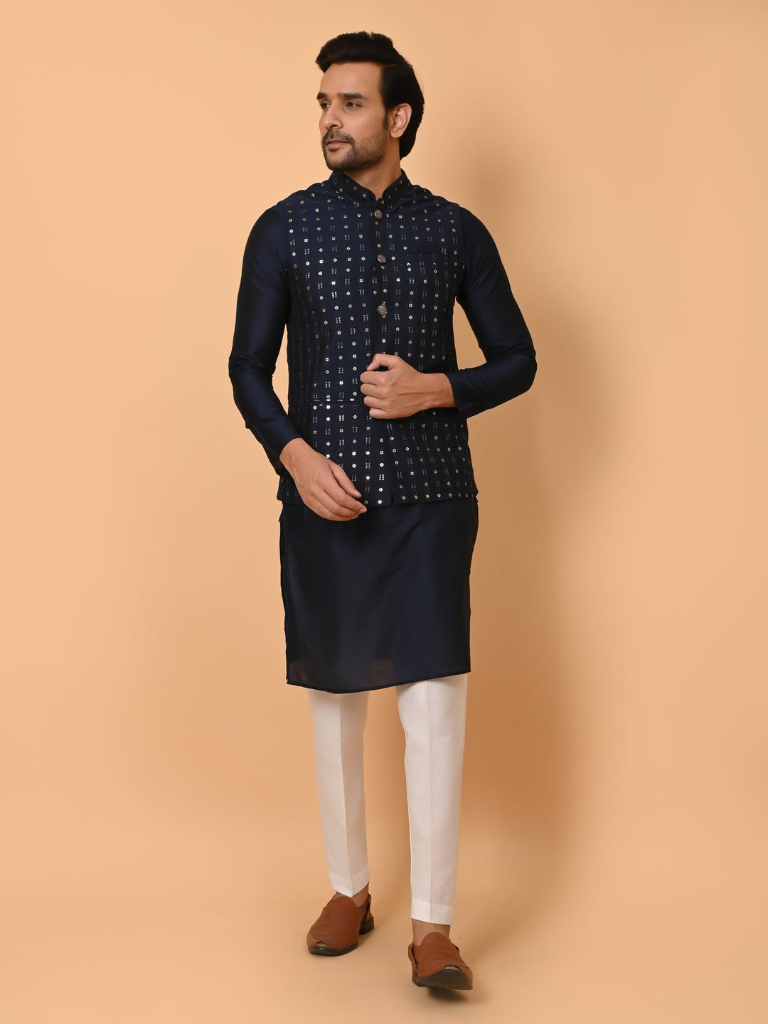 Sequence Striped Poly Silk Jacket Kurta Set | Festive Stand Collar Design