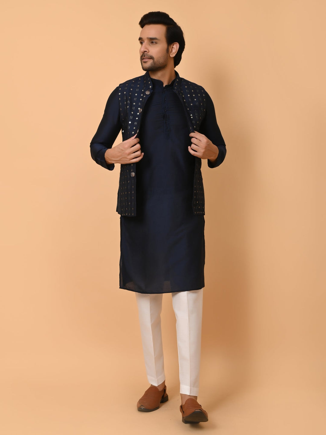 Sequence Striped Poly Silk Jacket Kurta Set | Festive Stand Collar Design