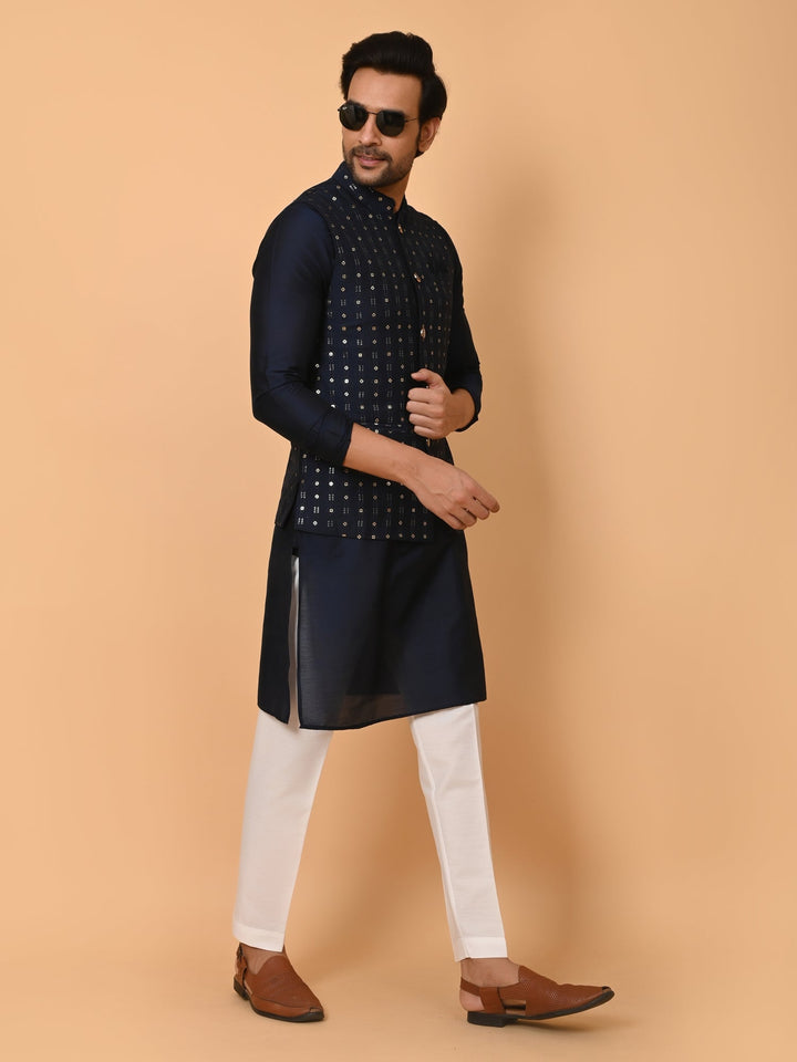 Sequence Striped Poly Silk Jacket Kurta Set | Festive Stand Collar Design