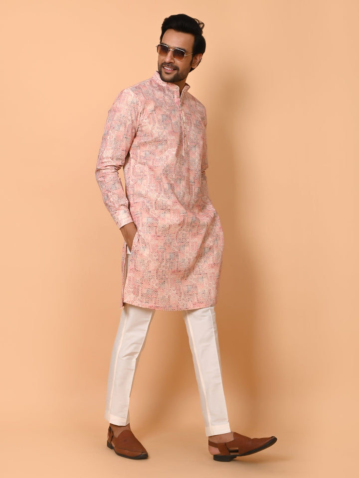 Chikan Peach Kurta Set | Festive Cotton Blend Printed Full Sleeve Kurtas