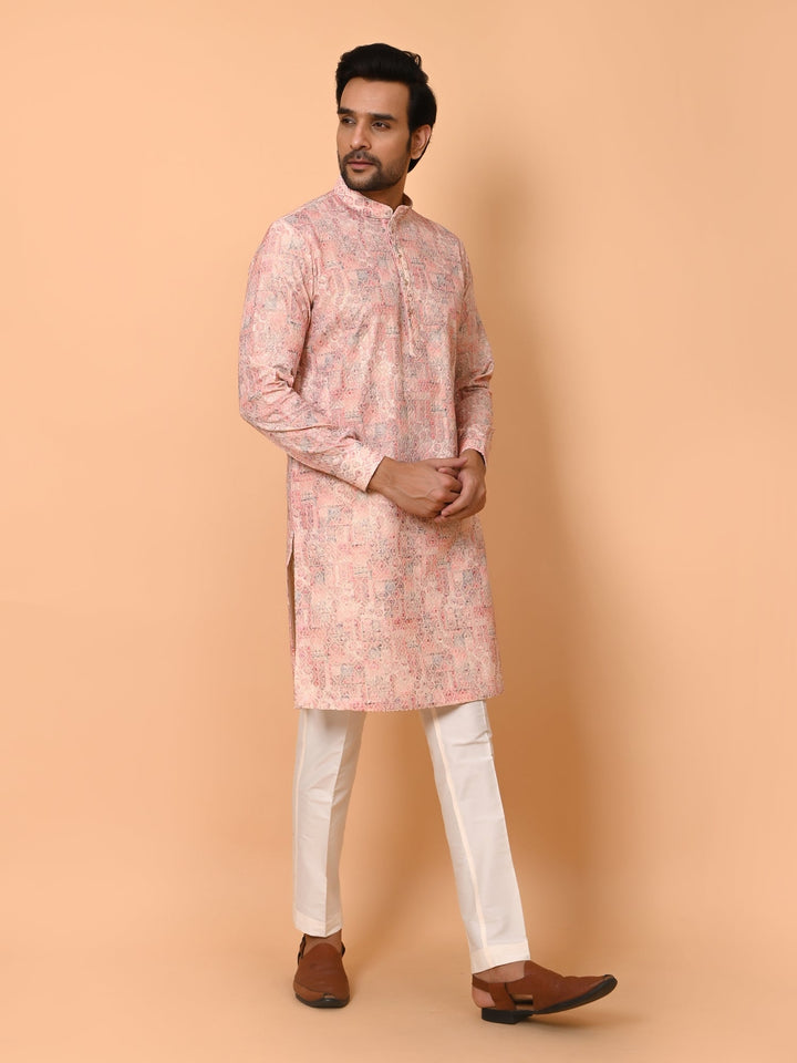 Chikan Peach Kurta Set | Festive Cotton Blend Printed Full Sleeve Kurtas